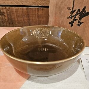 Vintage Japanese Fukugawa Chawan (Tea Ceremony Bowl) Brown Glaze/Gold Flowers